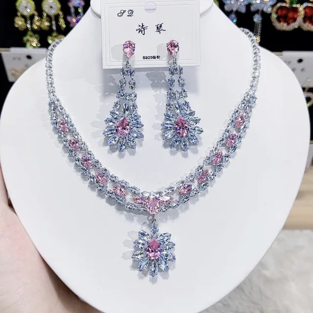Women's Fashion Luxury Zirconia Crystal Pink Necklace Earrings Set Bracelet Jewelry Set Bridal Wedding Banquet Party Holiday 2