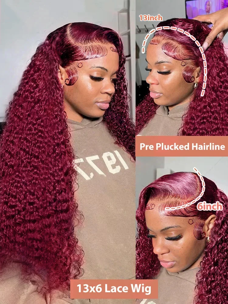 99J Burgundy 13x6 HD Lace Frontal Wig Human Hair Water Curly Red Colored 13x4 Transparent Lace Deep Wave Frontal Wig 3