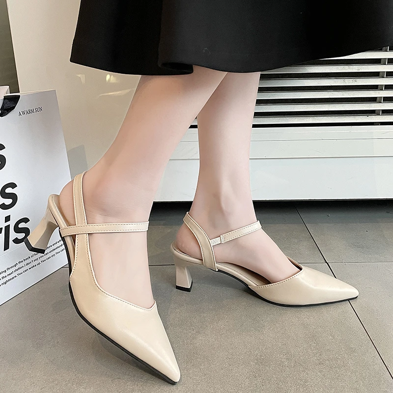 Sandals Women's High Heels Summer Wild Chunky Heels Ankle-Strap Pumps Ladies Sexy Leather Closed Toe Back Empty Fashion Shoes