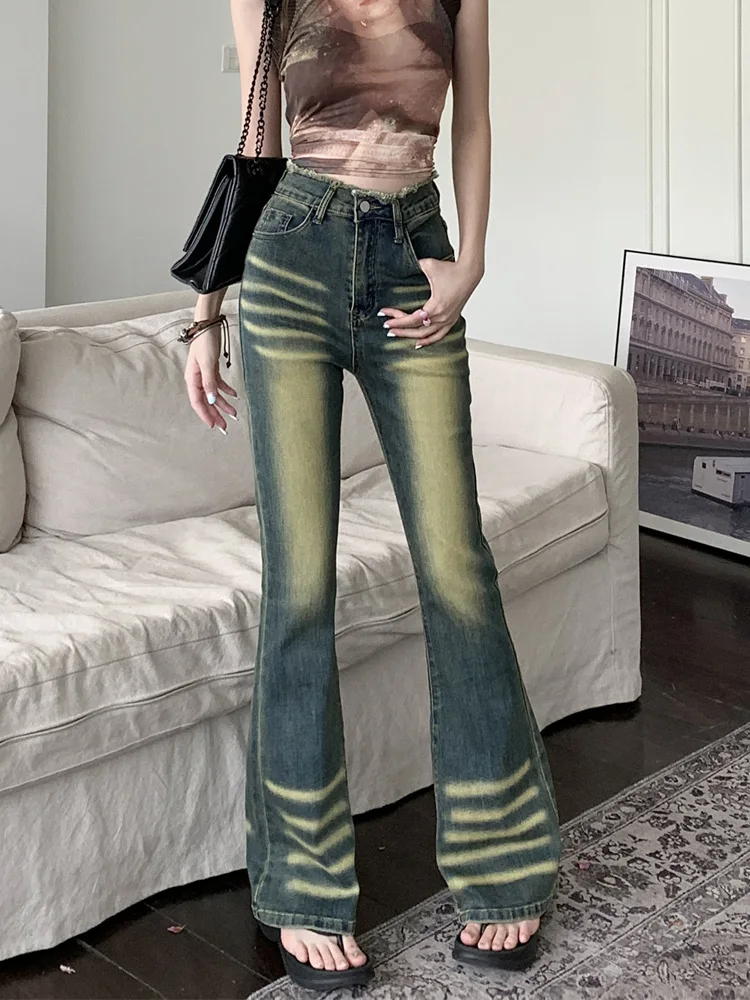 

Benuynffy High Waist Raw Trim Flare Jeans Women's New 2024 American Retro Y2k Streetwear Washed Bell-bottoms Denim Pants Woman