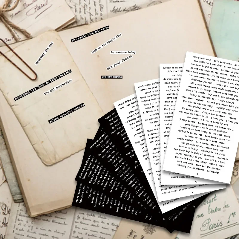 406pcs/lot Vintage Black White Words Phrase Stickers Pack Junk Journal Collage Label DIY Album Scrapbooking Material