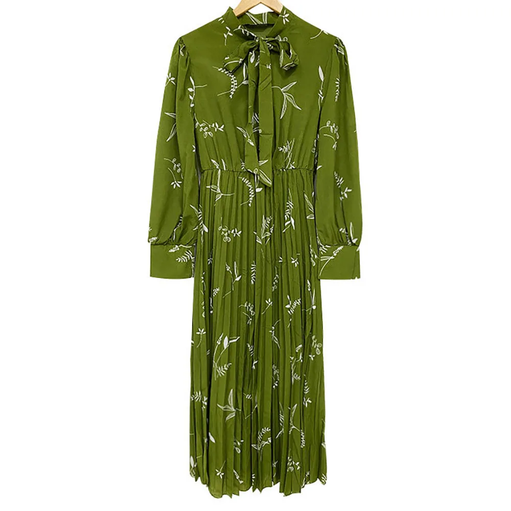 Long Sleeve Printed Bow Round Neck Chiffon Dress For Women Spring New Ruffled Ribbed High Waist Robe Elegant Muslim Party Dress