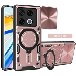 Enhanced Metal Ring Holder Car Mount Camera Protective Case with Rotating Armor Cover for Infinix Note 40 Pro (Rose Gold)