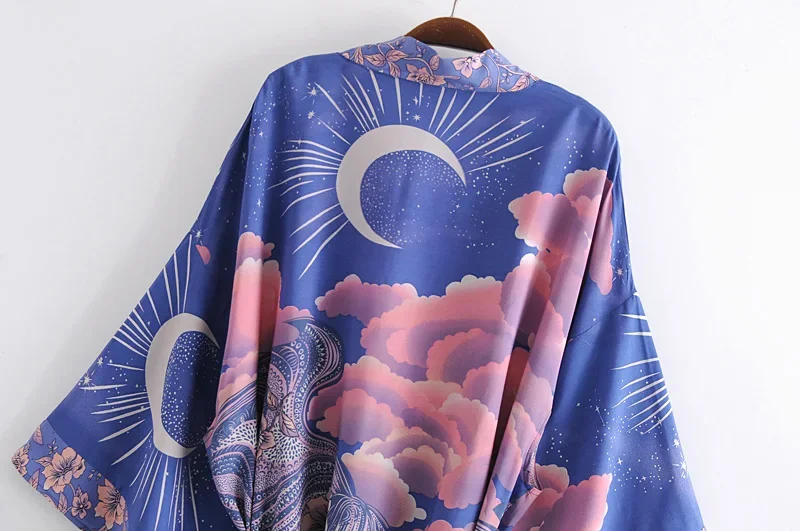 Bohemian Kimono Women V Neck Batwing Sleeves Floral Print Sashes Short Robe japanese kimono clothes