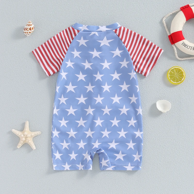 -04-01 Lioraitiin Independence Days Baby Boys Swimwear Patchwork Short Sleeve Star Stripe Print Zipper Swimsuit Beachwear