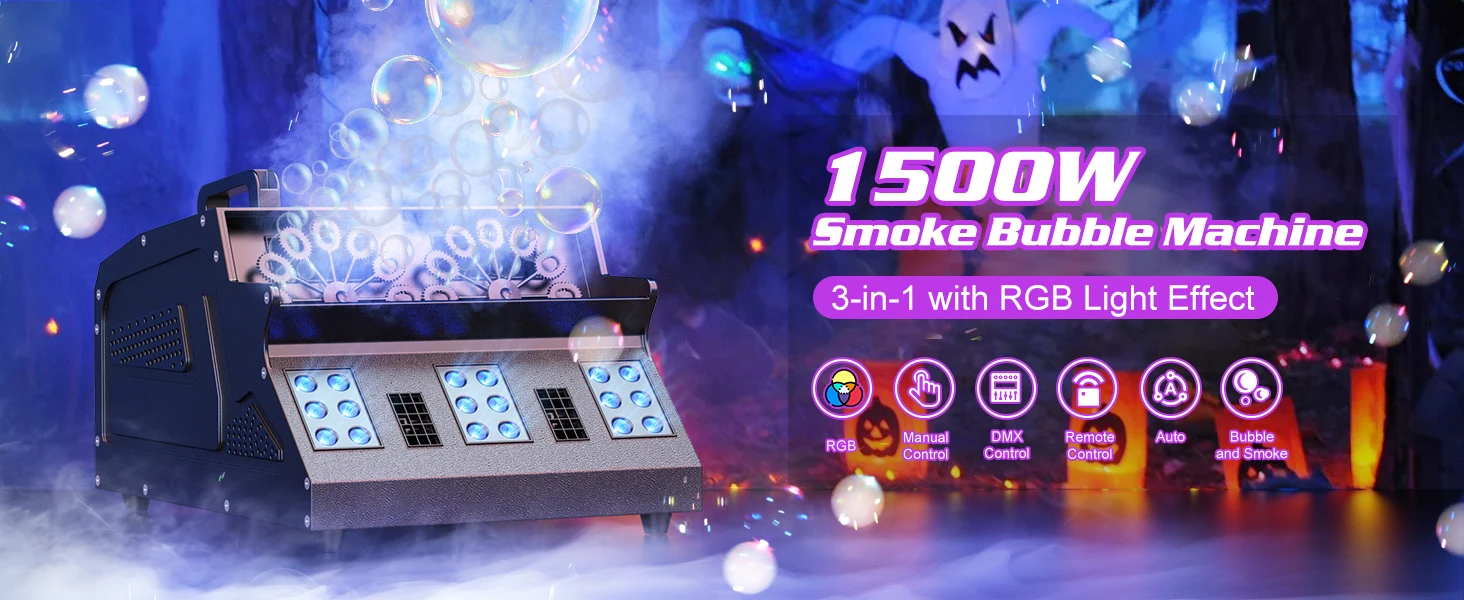 Yiflamefly 1500W Bühnen-Blasen-Nebelmaschine 3-IN-1 RGB-Lichteffekt Rauch-Blasenmaschine DMX-Blasen-Nebelgerät für DJ-Hochzeitsfeiern – Detail 1