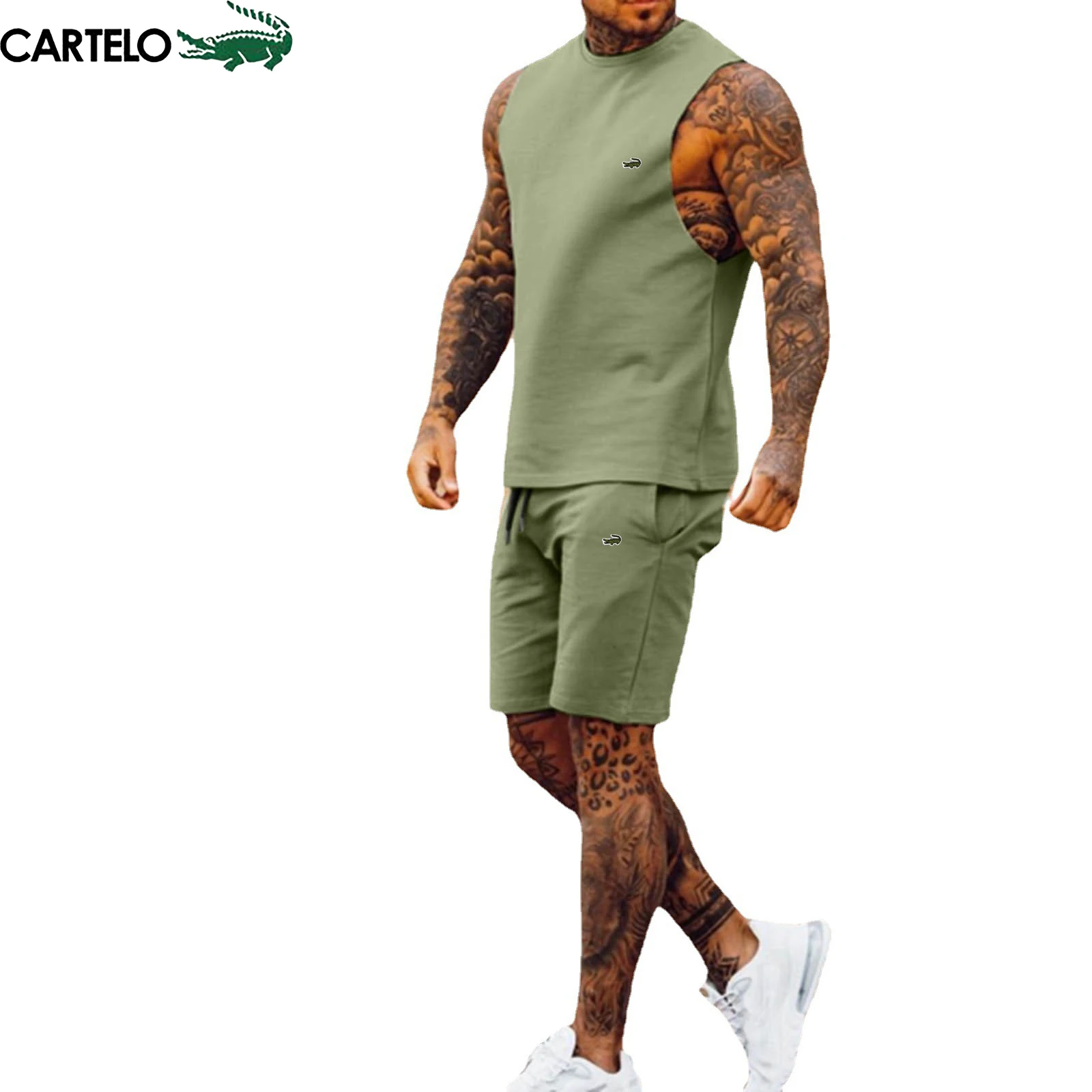 CARTELO Summer New Men's Cotton Sleeveless Vest T-shirt + Short Two-piece Set Casual Men's O-neck Shirt Male Breathable Fitness