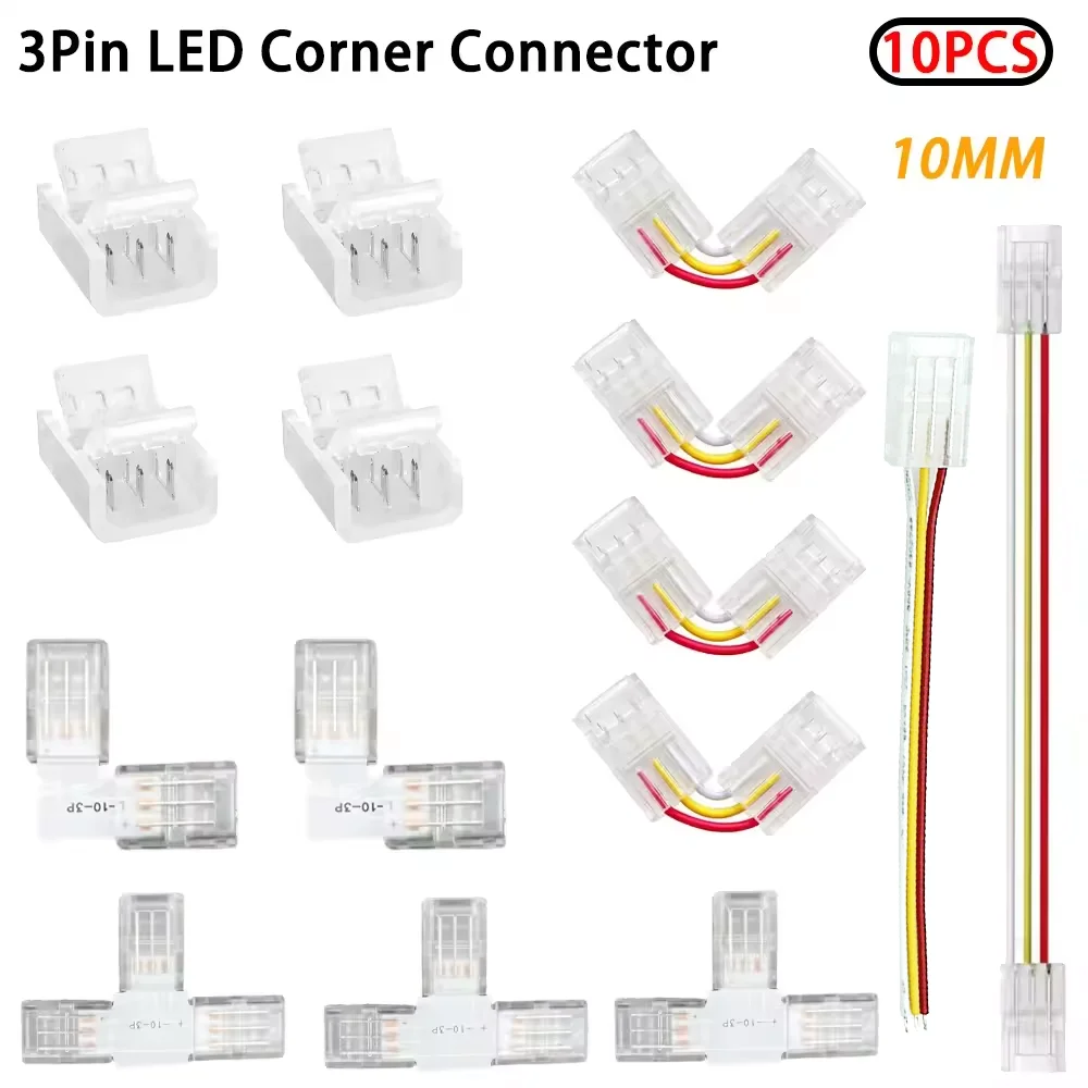 10mm 3Pin LED Corner Connector L/T Shape Solderless Connector WS2811 WS2812b Led Strip Light Transparent Crystal Buckle 10Pcs