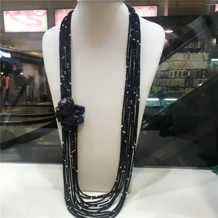 10strands black stone white freshwater pearl necklace micro inlay zircon blue flowers accessorie 80-90cm fashion jewelry