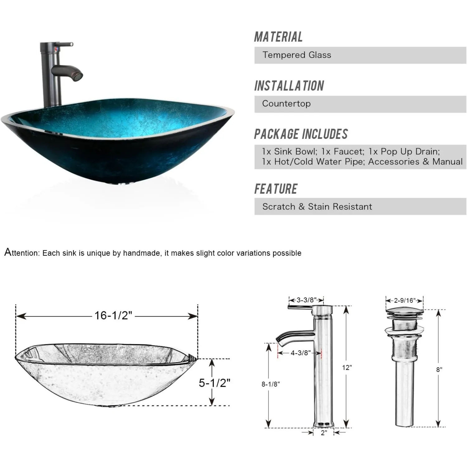 16.5" Bathroom Vessel Sink Single Turquoise Square Tempered Glass Basin Countertop Bowl Sink, W/Water Save Faucet Pop Up Drain 3