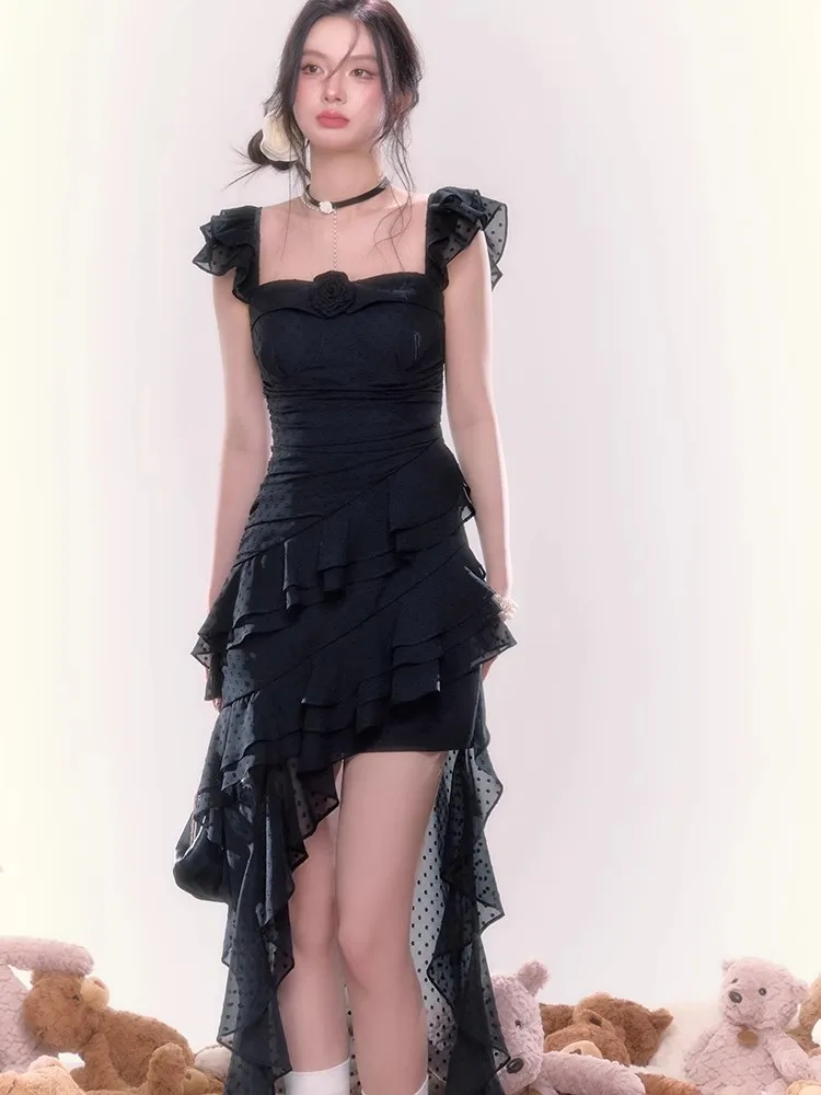 Y2K Irregular Ruffles Midi Dresses for Women Sleeveless Birthday Party Dress Prom Robe Korean Chic Summer New One Piece Vestido