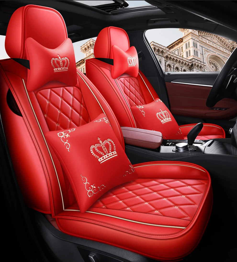 Deluxe-PU-Leder-Kronenstickerei, 5-Sitzer-Vollautositzbezug + 4 Stück passendes Kissen, schützt den Autositz, bequem – Detail 25