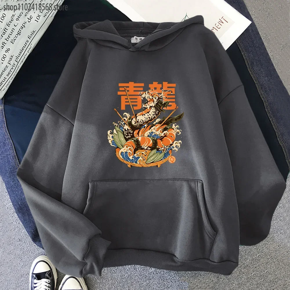 Dragon Sushi Black Hoodies Women Men Sweatshirt Kpop Streetwear Long Fleece Coat Anime Hoodie Funny Kawaii Clothes Tracksuit Men