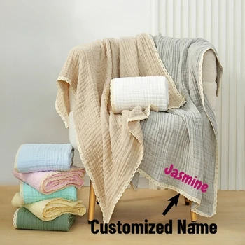 Nome personalizzato personalizzato Lettera ricamata per neonato Asilo nido Cotone Tinta unita Copri passeggino LaceTowel Regali per ragazzo ragazza 1