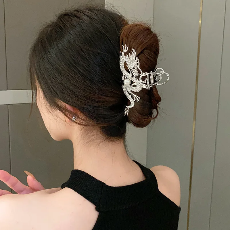 New Chinese Style Dragon Rhinestones Hair Claw Clips for Women Hairpin with Red Imitation Pearl Grab Clip Temperament Shark Clip