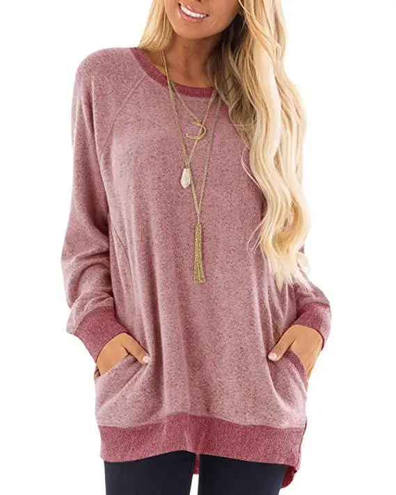 Women's Round Neck Contrasting Pocket Hoodie Long Sleeved Pullover Sports Shirt Casual T-shirt