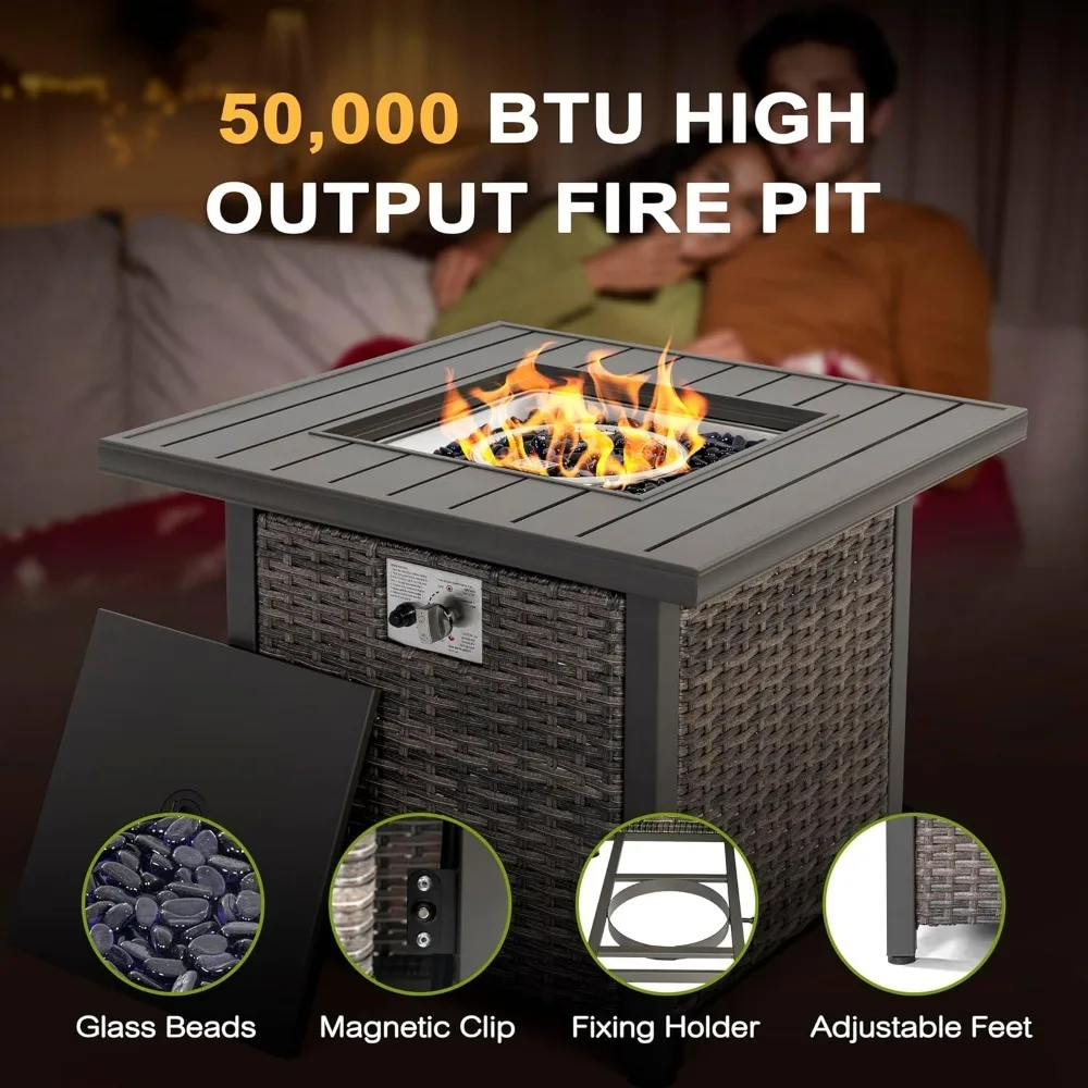 Fire Pit Table Propane Gas 50,000 BTU Garden Outdoor 30", Square Gas Fire Pit Table, Aluminum Tabletop and Hand-Woven Wicker