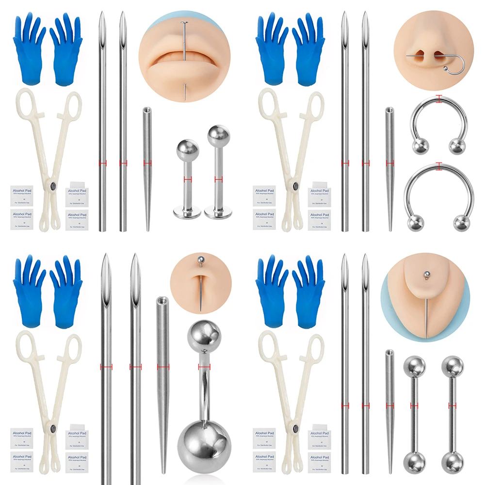 Body Piercing Kit Surgical Steel Threaded Taper Pin Needles Lip Nose