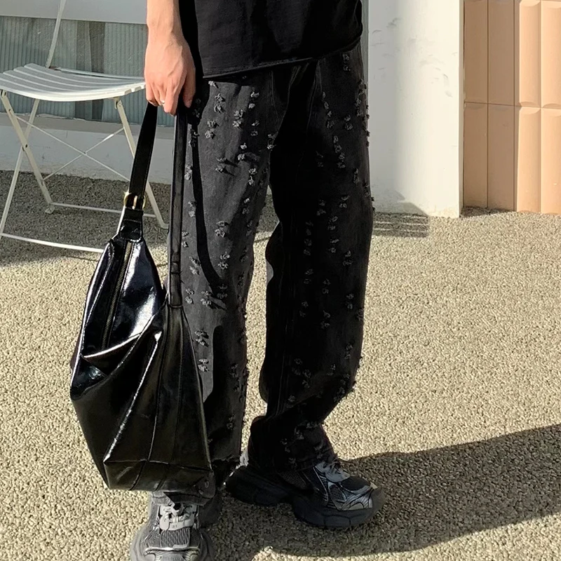 Black jacquard distressed jeans, men's loose fitting straight leg street hip-hop personality Japanese Y2K wide leg pants