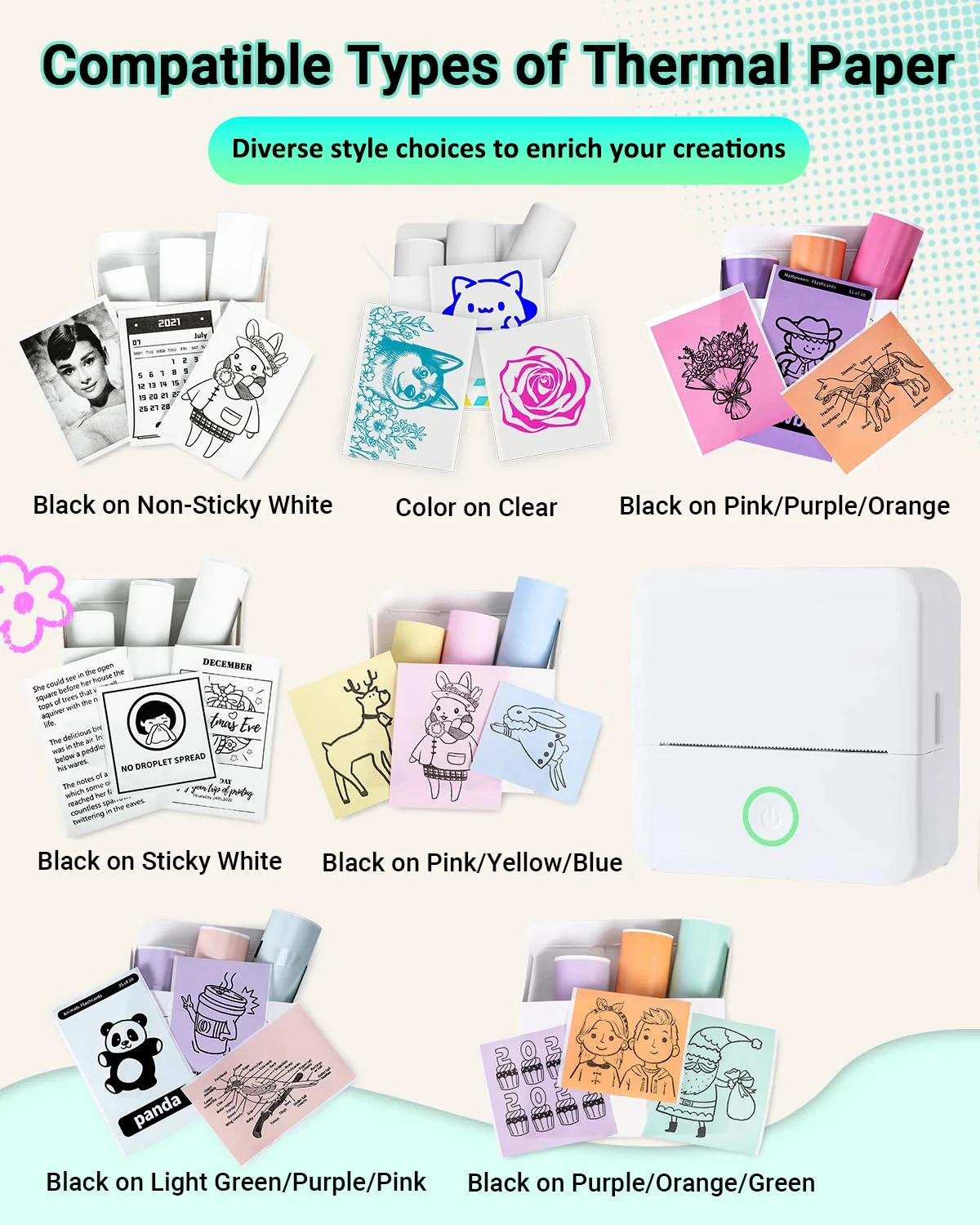 3 롤 다채로운 투명 열 스티커 용지, 미니 휴대용 프린터, DIY 스크랩북용 인쇄 가능한 투명 접착제