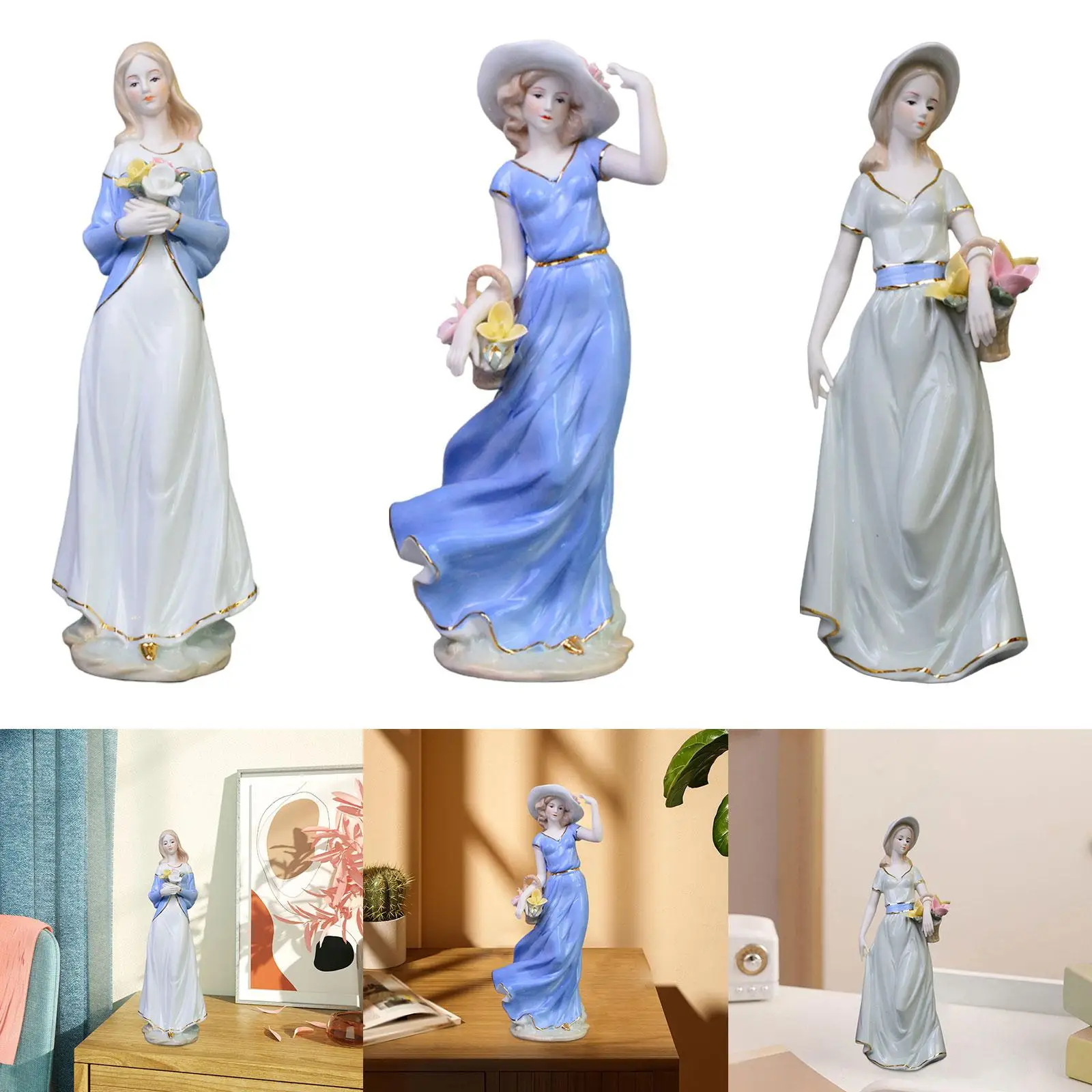 Flower Basket Girl Figurine Room Crafts Decor Gift Desk Decoration Porcelain Figure for Office Home Bookshelf Tabletop Bedroom