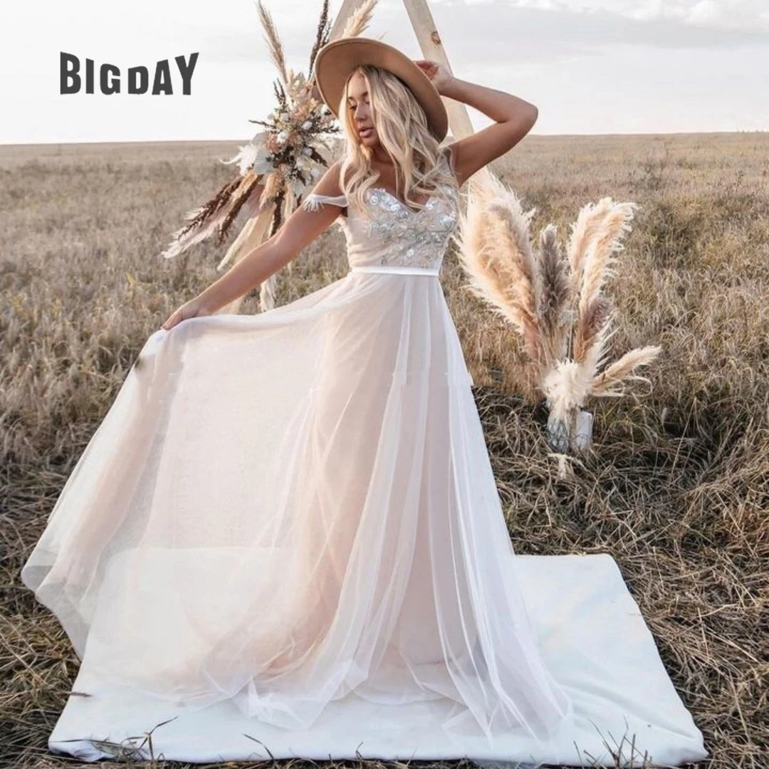 

Boho Wedding Dress Woman 2024 Spaghetti Strap A-Line Lace Applique V-Neck Sleeveless Bridal Gown Tulle Vestido De Novia Custom