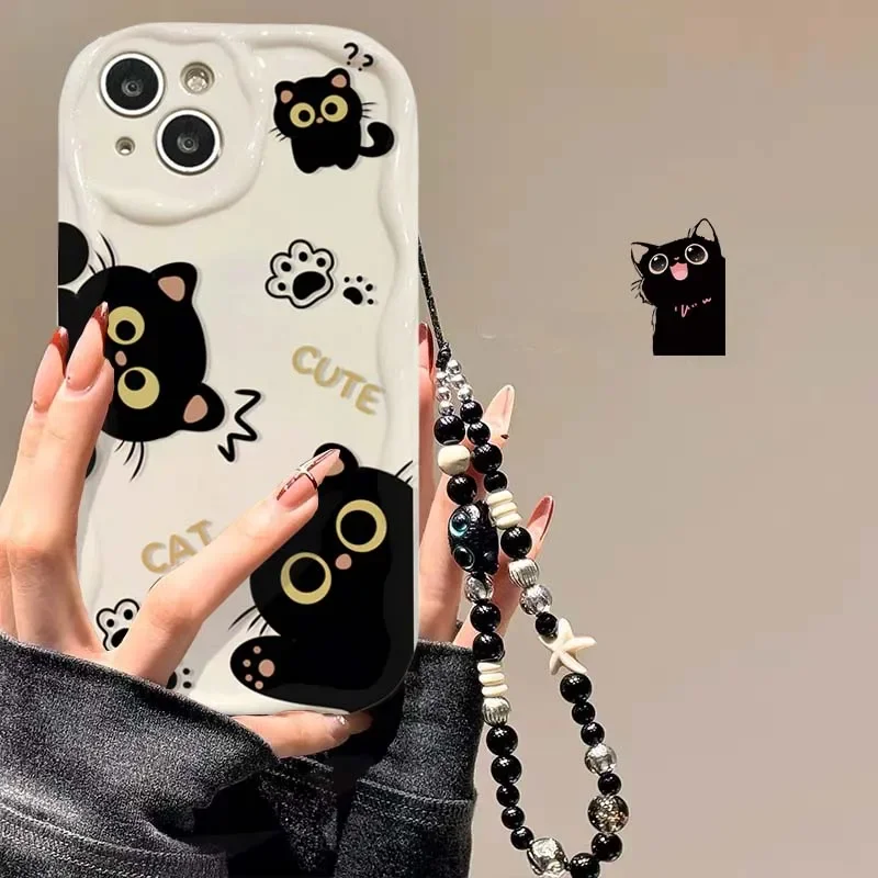 Chic Black Cat Wrist Chain Phone Case Cover