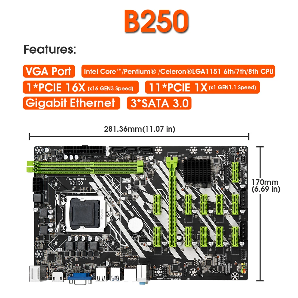 채굴 기계 마더보드, 채굴기용, 12GPU 12PCI-E 16X 채굴 보드, B250 LGA 1151 DDR4 PC RAMSATA3.0 지지대 VGA HDMI, 신제품