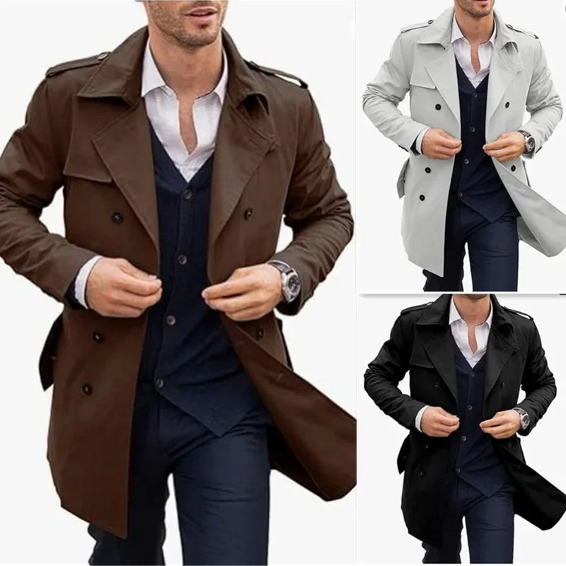 Men Autumn Winter Double-breasted Casual Trench Coat Long Sleeve Coats Jacket Trench