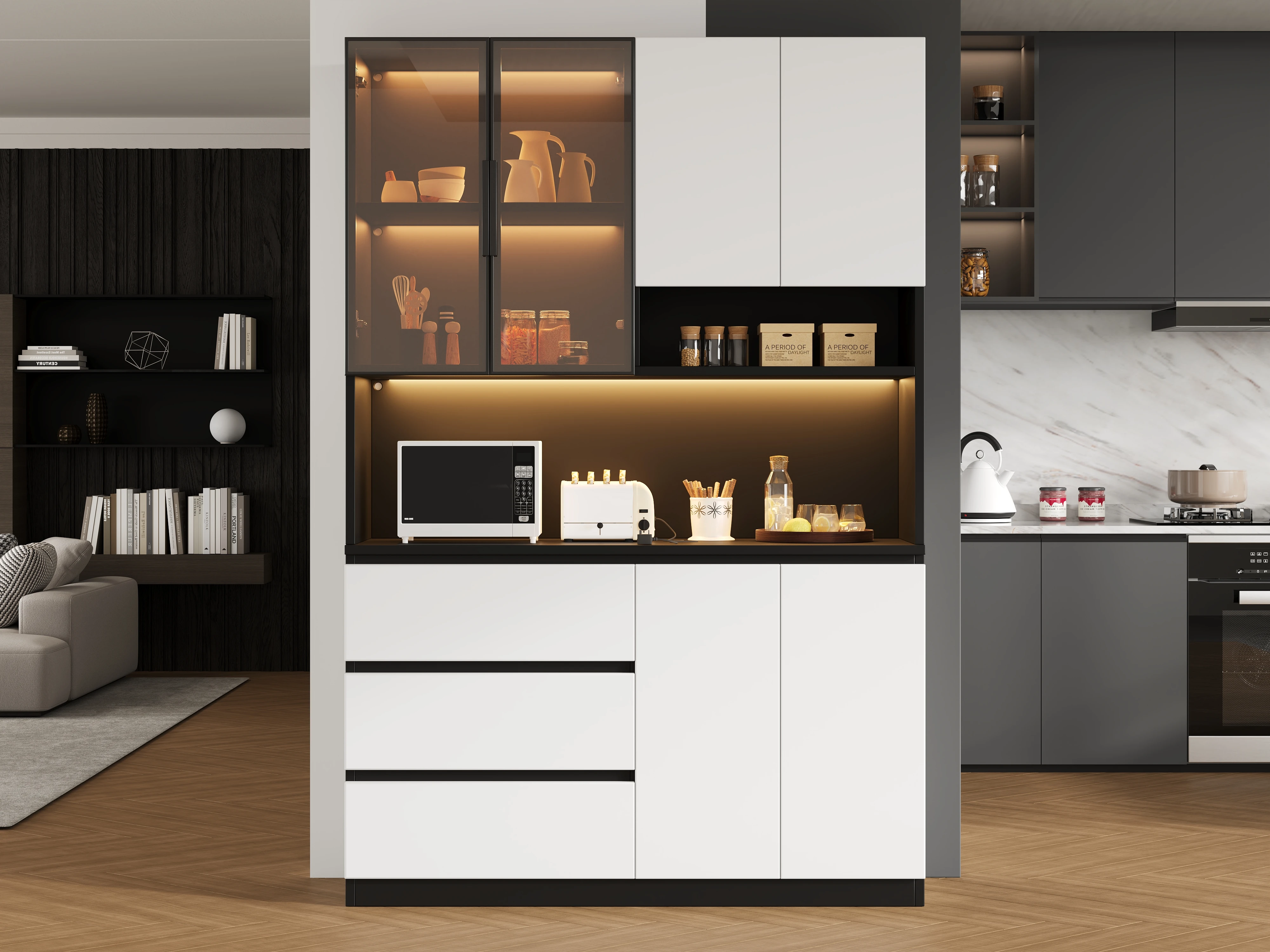 PINGGO LED Küchenbuffetschrank 6 Türen 3 Schubladen Mikrowellenbereich Glasregale B120,5xT40xH180cm – Detail 1