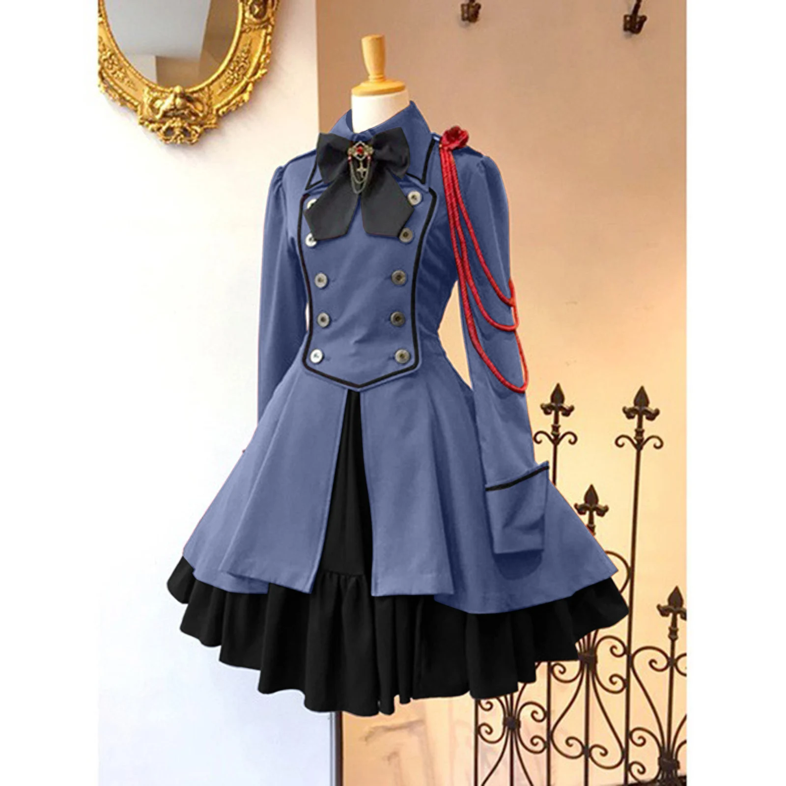 

Medieval Retro Gothic Black Lace Up Chain Bow Lolita Coat Long Sleeves Ruffle Classic Lolita Dress Halloween Cosplay Costume