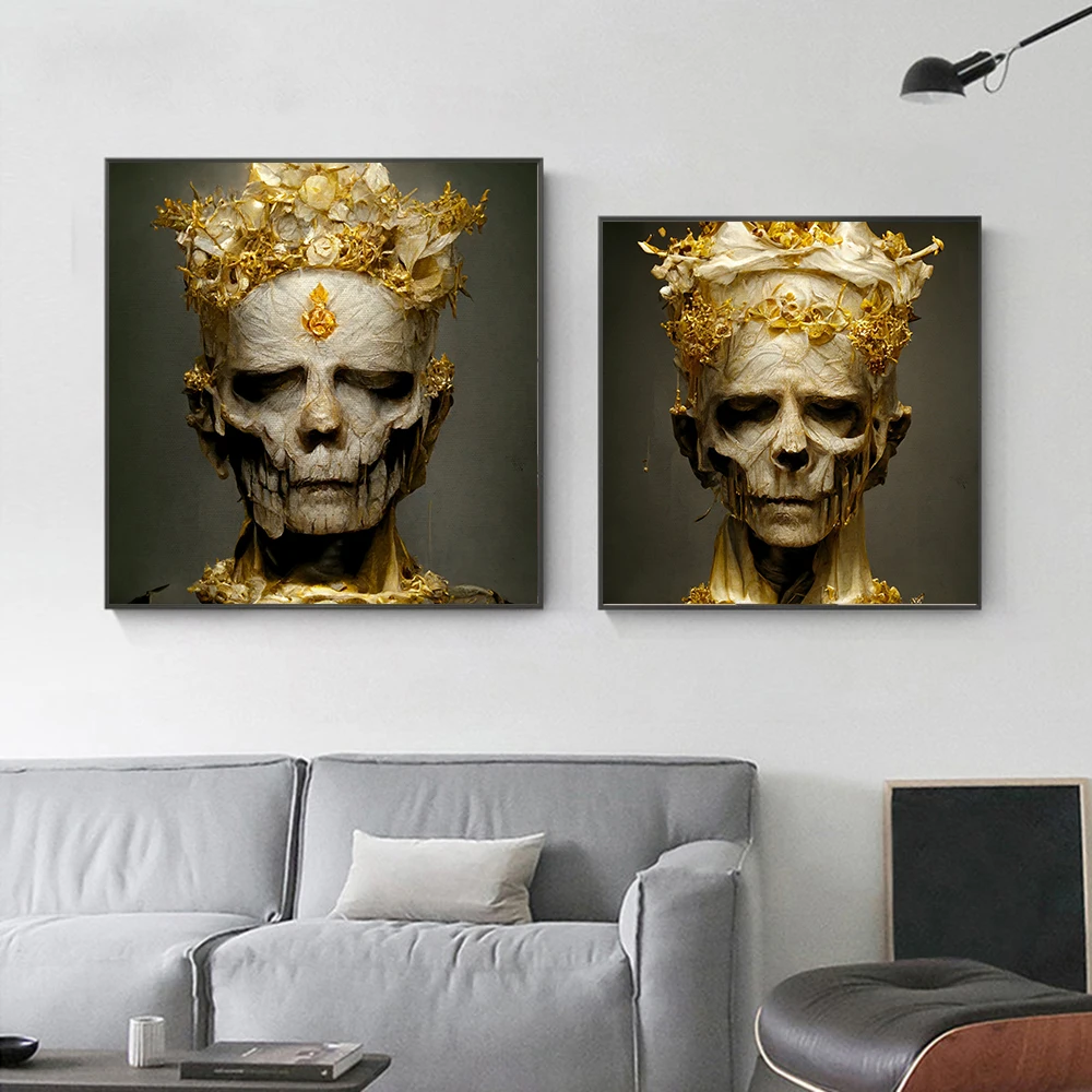 

Skeleton King Painting Horror Gothic Wall Art Canvas Print Skull With Gold Ornaments Poster for Living Room Home Decor Cuadros