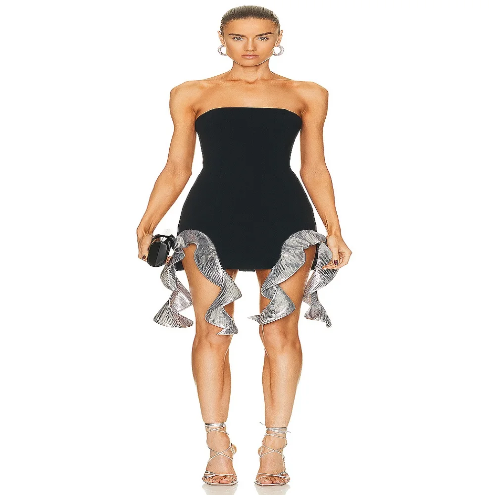 

New Fashion Women's Clothing Black Mini Bandage Dress Irregular Flash Sequins Hemline Chic Cocktail Party Sexy Tube Top Skirt