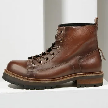 Vintage Motorcycle Genuine Leather Work Boots Men Shoes Thick Sole Casual Handmade Cowhide Outdoor High Top Chelsea Boots Male