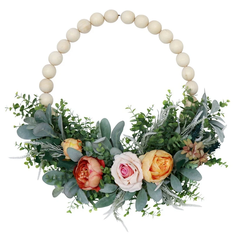 

Artificial Peony Wreath, Wood Beads Hoop Wreath For Front Door Wedding Party Wall Windows Farmhouse Home Decoration