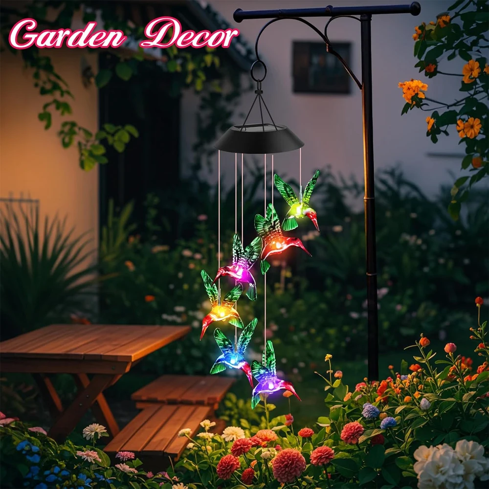 Hummingbird Wind Chimes Outdoor, Solar Powered Lights with Color Changing, Waterproof LED Wind Chime for Yard Party Garden Decor