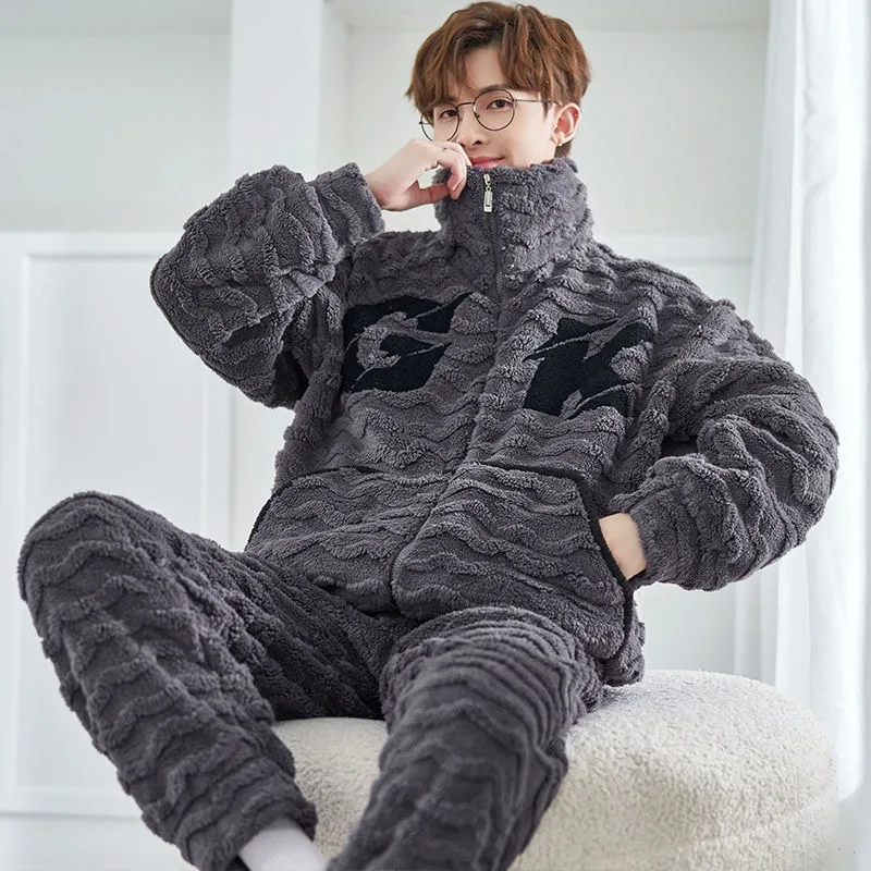 Male Coral Velvet Pajamas Winter Men Fleece-lined Thickened Flannel Homewear Suit Stand-up Collar Thermal Large Size Sleepwear