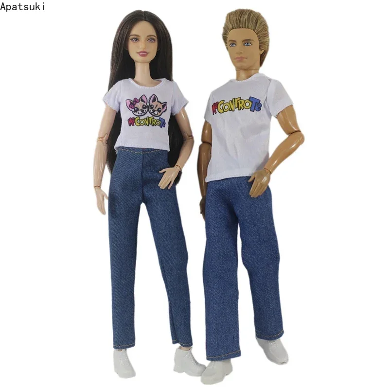 Kitty Cat Blue White Fashion Clothes Set Per Barbie Doll Outfits Alfabeto T-Shirt Scarpe In Denim Per Ken Boy Dolls 1/6 Accessori