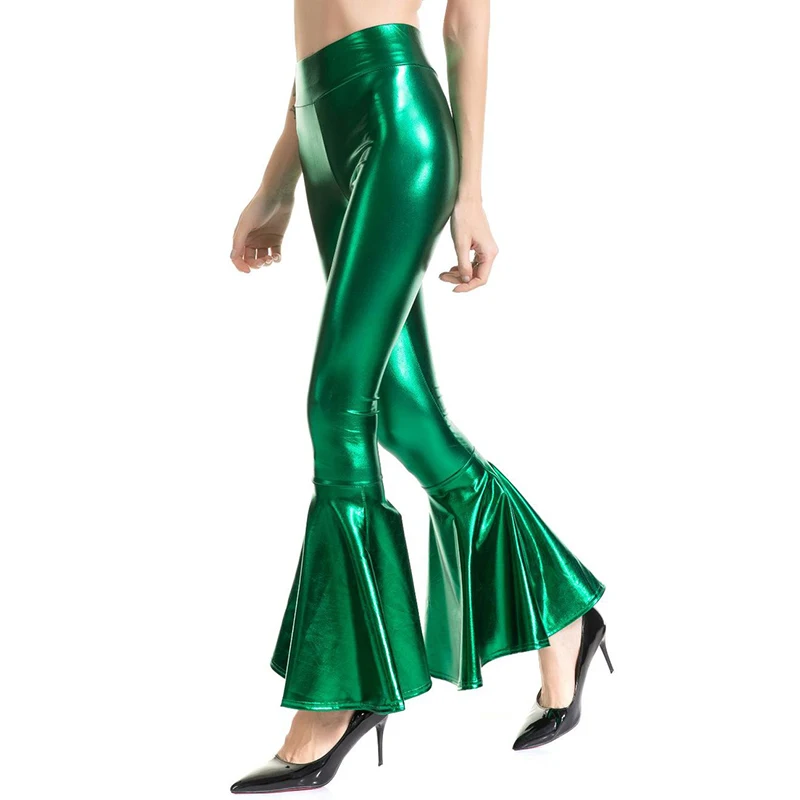 

Shiny Gradient Bell Bottom Pants Women Spring Summer Fashion High Waist Skinny Big Flare Pants Ladies Sexy Slim Green Trousers