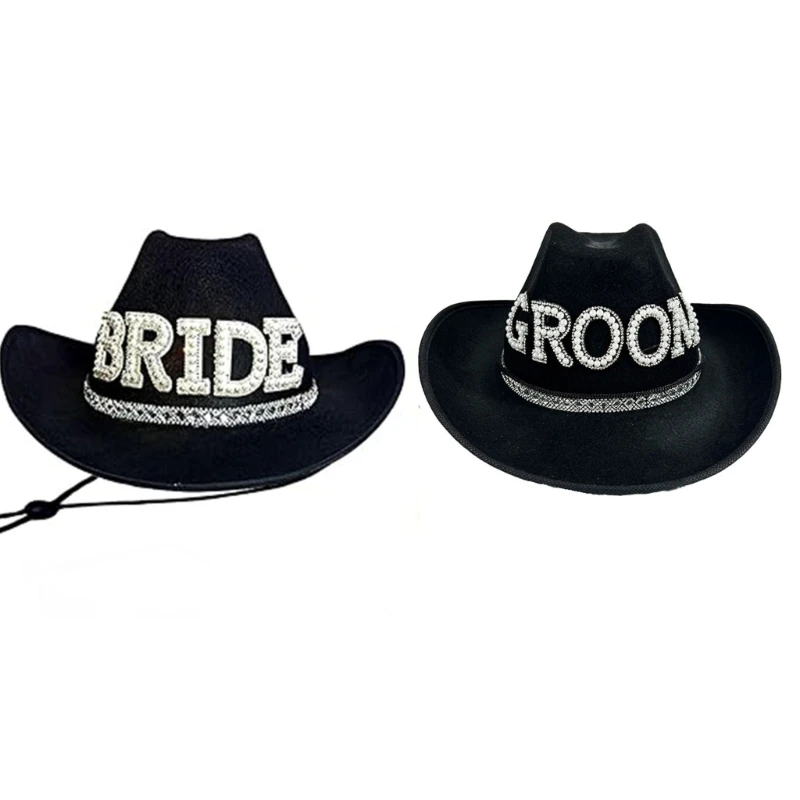 Artificial Pearl Cowgirl Hat for Bride Groom BrideToBe Cowboy Hat Bachelorette Party Headwear Wedding Celebration
