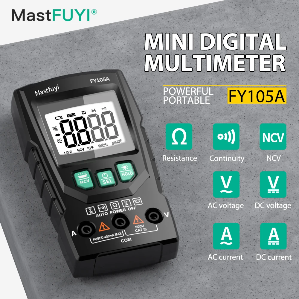 MASTFUYI Auto-Ranging Digital Multimeter AC/DC Voltage Current Resistance Tester with NCV Flashlight Continuity Mini Multimeter