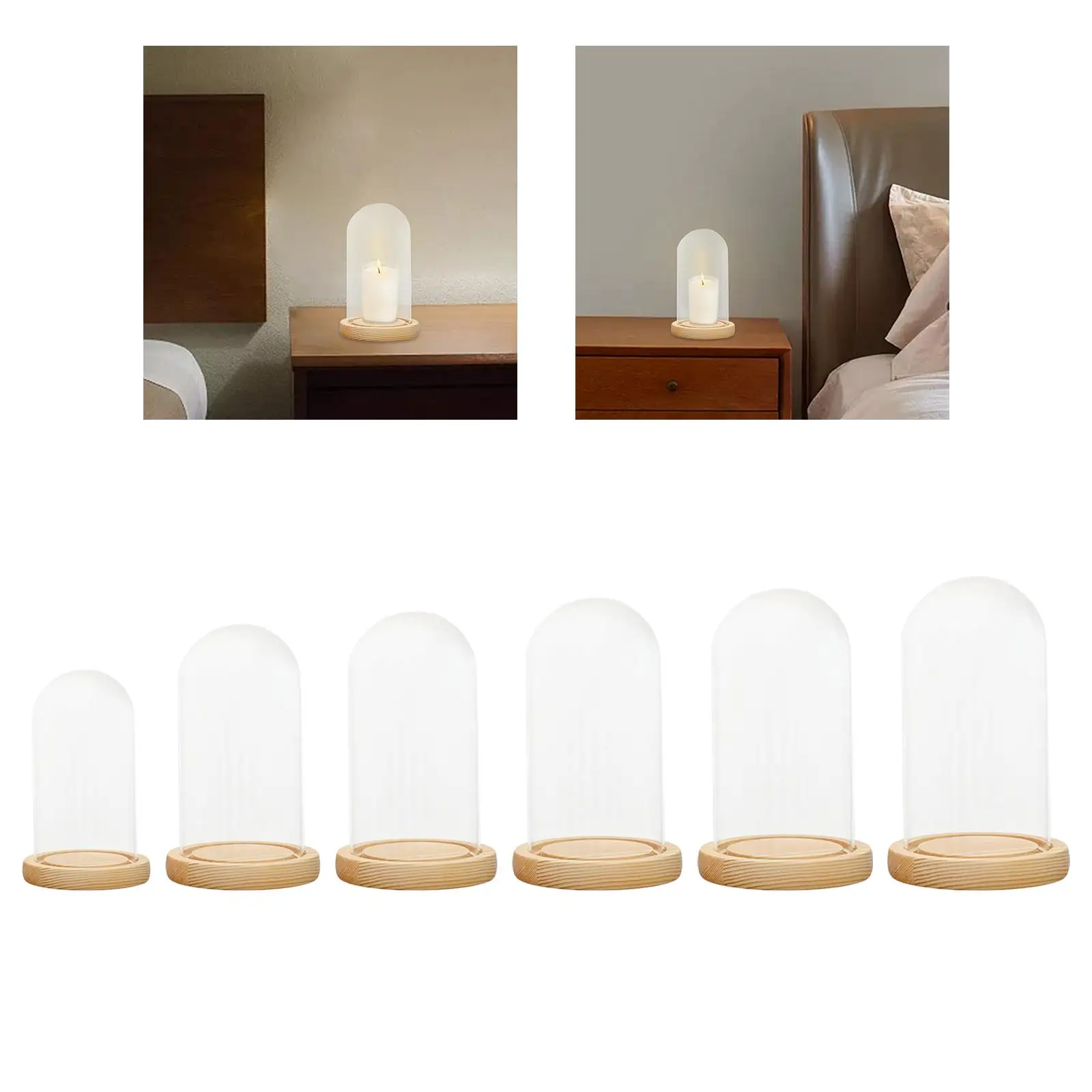 Glass Display Dome Cloche Bell Jar with Wooden Base Round for Dining Table Nightstands Home Decor