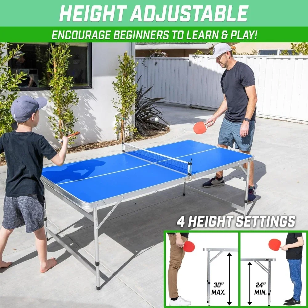 Table Tennis Table 6 X 3 Ft Mid-Size Set with Adjustable Height Bring Two Rackets and Four Balls Foldable Ping Pong Table