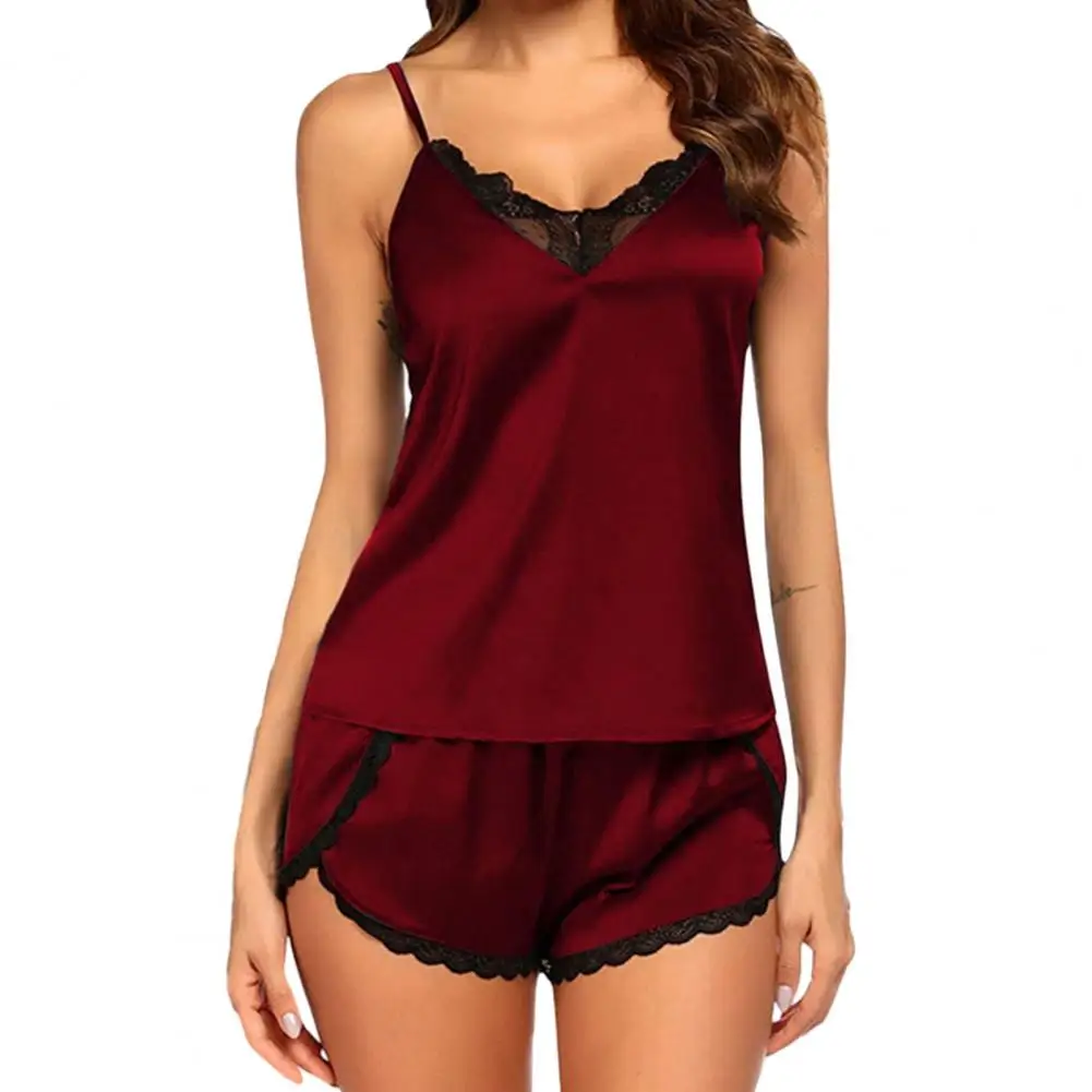 

Satin Women Pyjama Set Shorts Vest Sling Backless Spaghetti Strap Wide Leg Shorts Lace Summer Women Pyjama Set Sleepwear