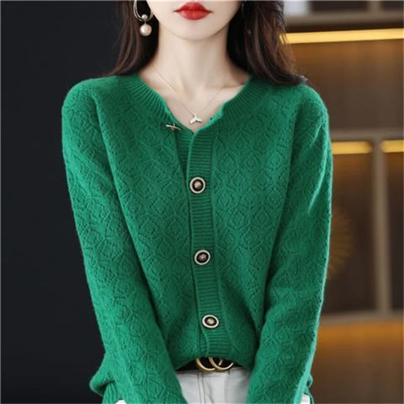 

Новинка 2024, вязаный кардиган ранней осени с круглым вырезом, женская модная универсальная куртка в западном стиле, женский свободный свитер, кардиган