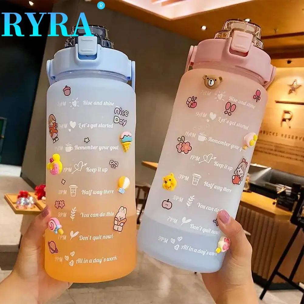 휴대용 재사용 가능한 플라스틱 컵, 시간 표시기가 달린 스포츠 물병, 빨대 달린 물병, 2 리터