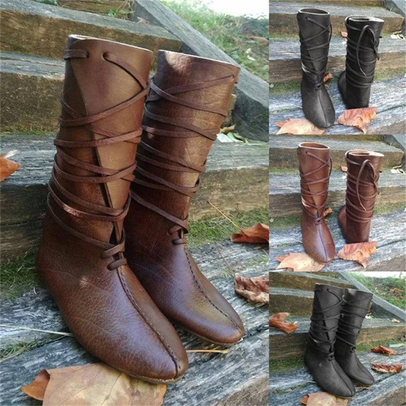 

Medieval Gothic Steampunk Costume Mens Womens Knight Boots Viking Pu Leather Warrior Cosplay Boots Carnival Party Shoes Props