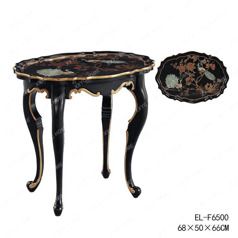 

European Style Freehand Solid Wood Birch Carved Gold Painting Black Khaki Classical Painting Tea Table Corner Table