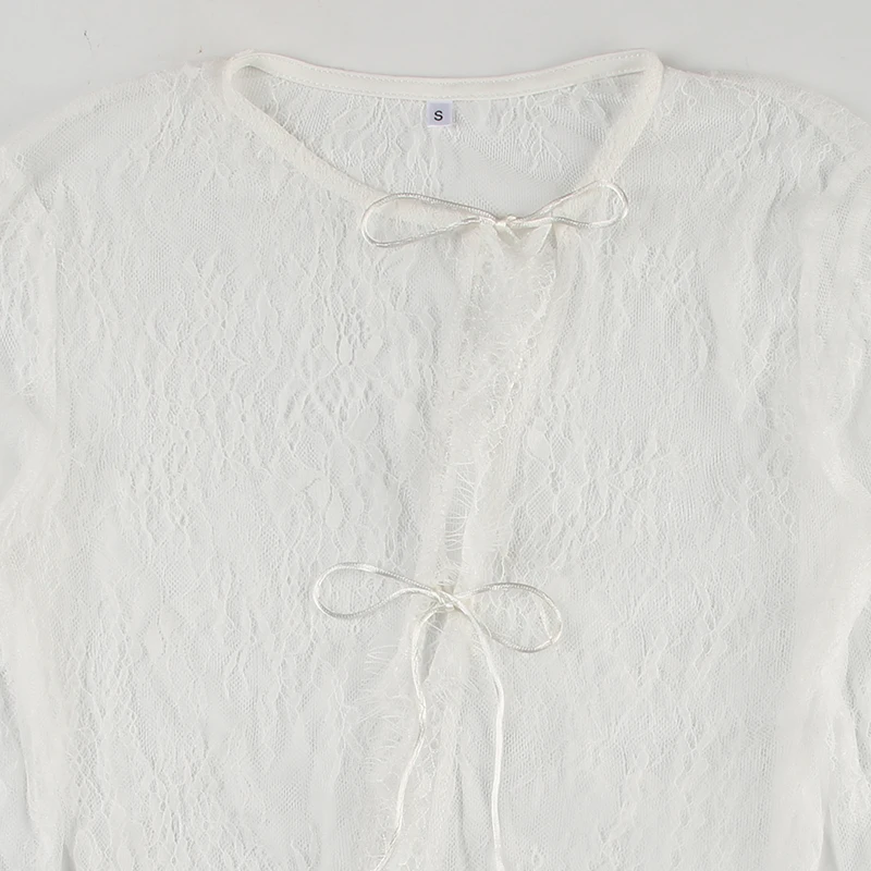 Abrigo fino de encaje transparente y sexy, de manga larga, a la moda, con cordones y cuello redondo, bonito cárdigan de calle para mujer