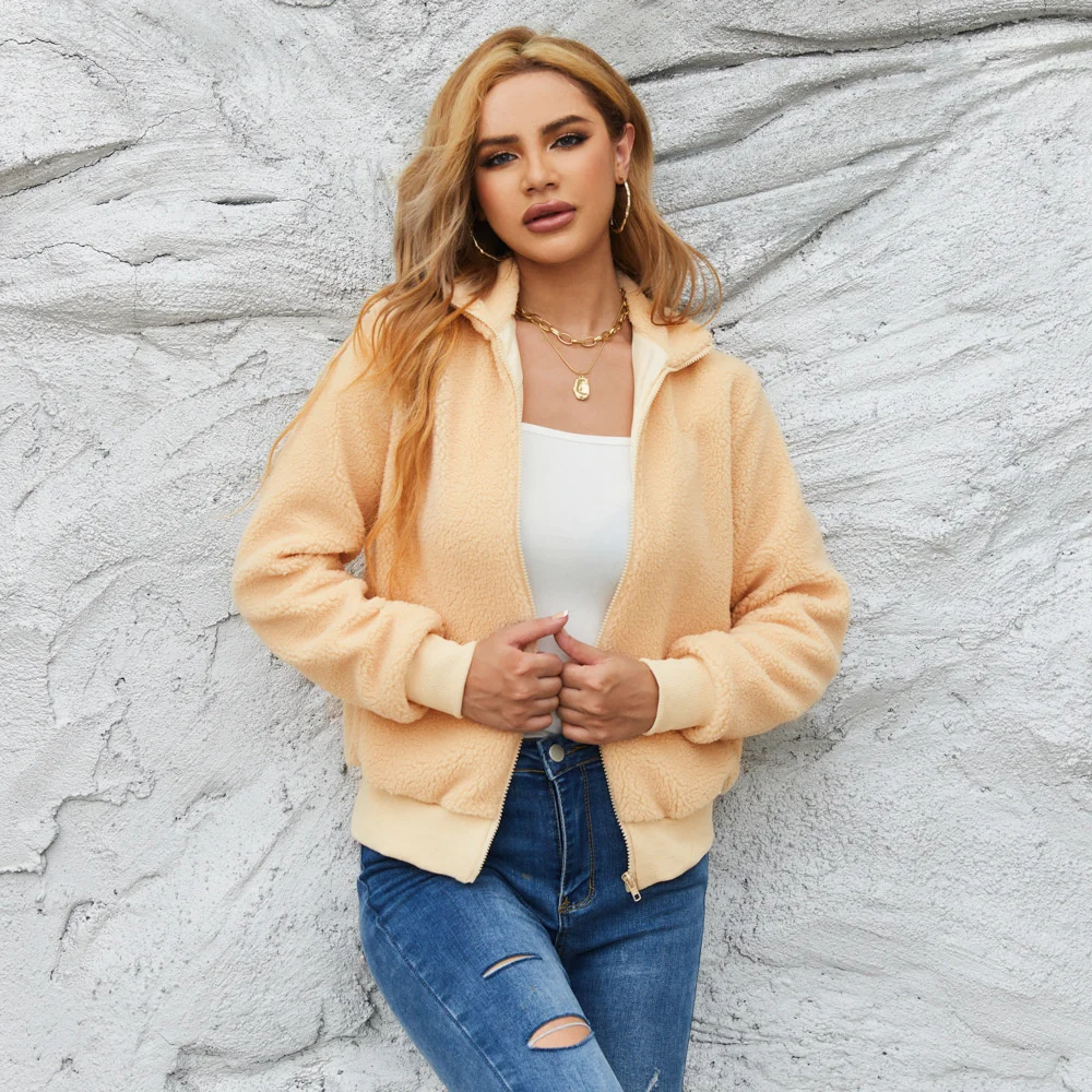 

2023 Women's Woolen Sweater Women's Casual Thickened Imitation Lamb Wool Jacket Lapel Loose Pocket Jacket Fashion Clothing